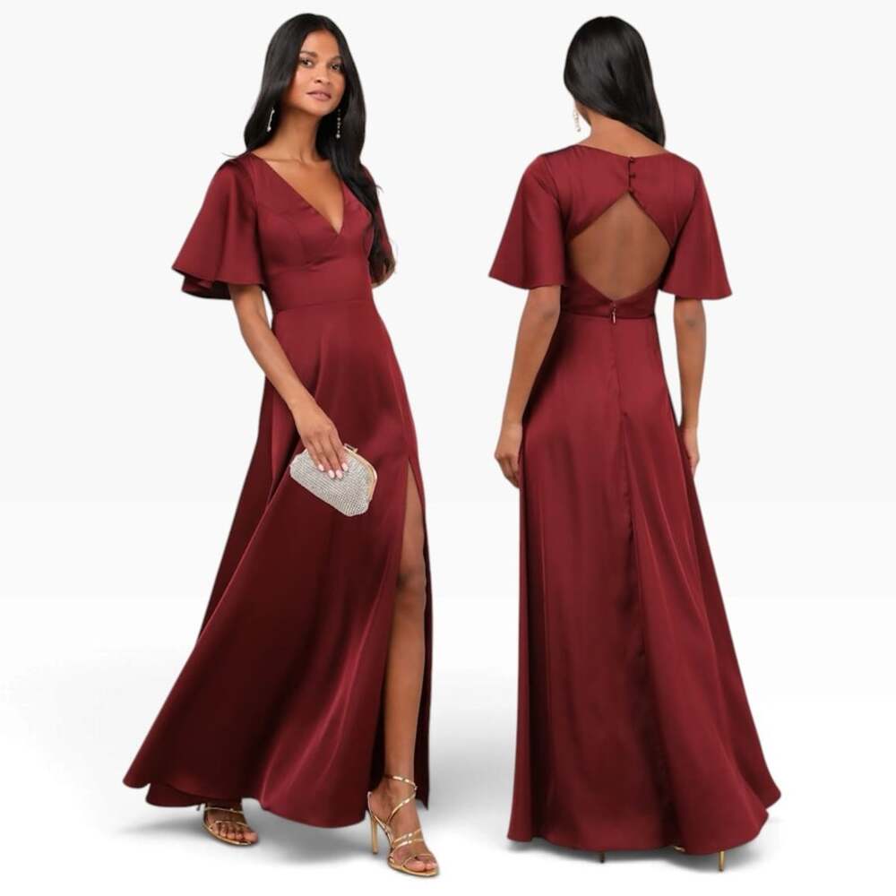 Lulus Elegant Confidence Red Satin Flutter Sleeve Cutout Maxi Dress size Large